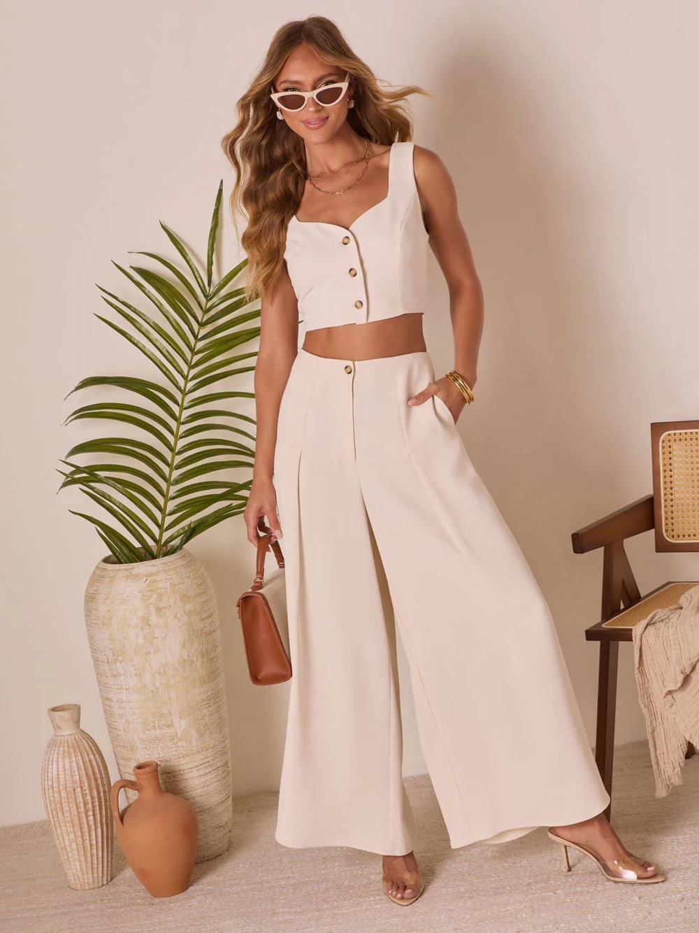 Vici Cream Wide-Leg High-Waist Pants